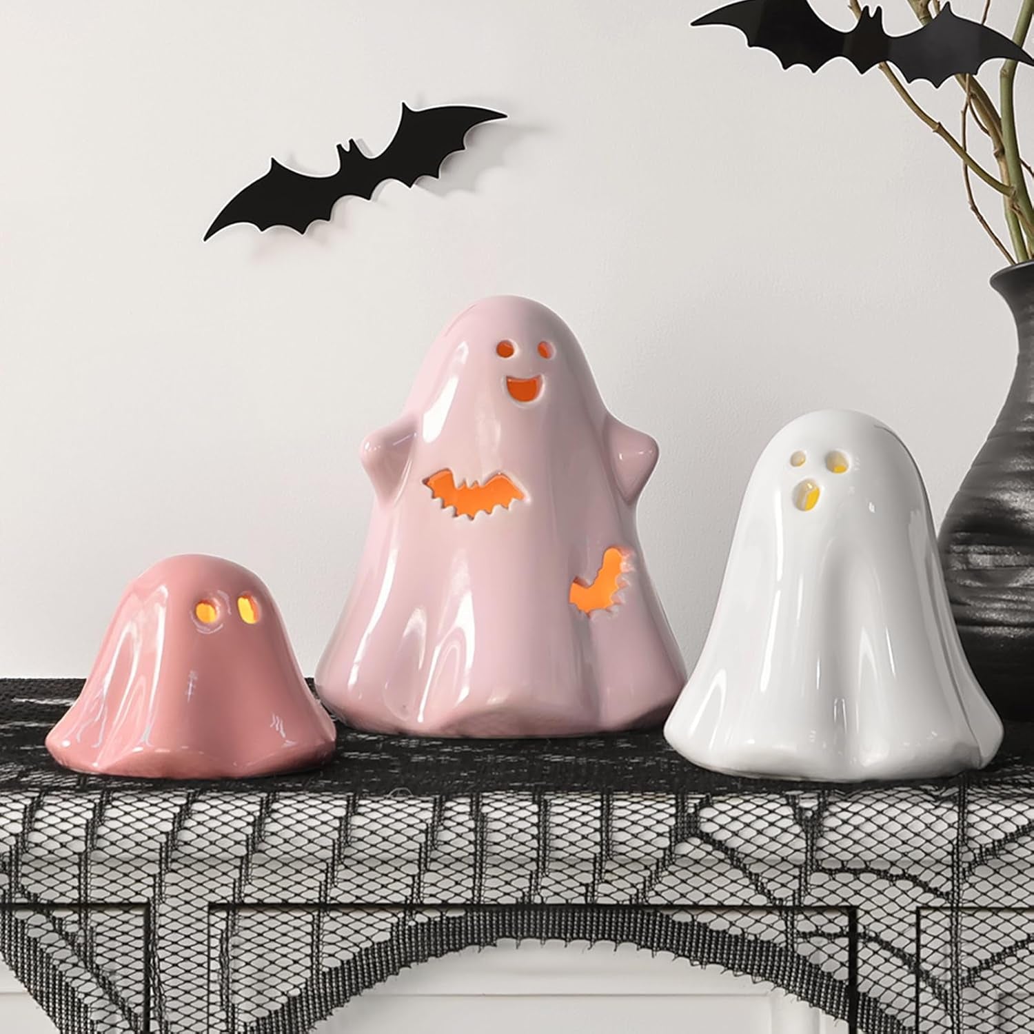 Halloween Ghost Decorations Indoor: Set of 3 Light up Ceramic White Pink Halloween Ghost Decor, Cute Pastel Decor Figurines with LED Lights for Table Desk Mantel Office Girl Kids Home Party