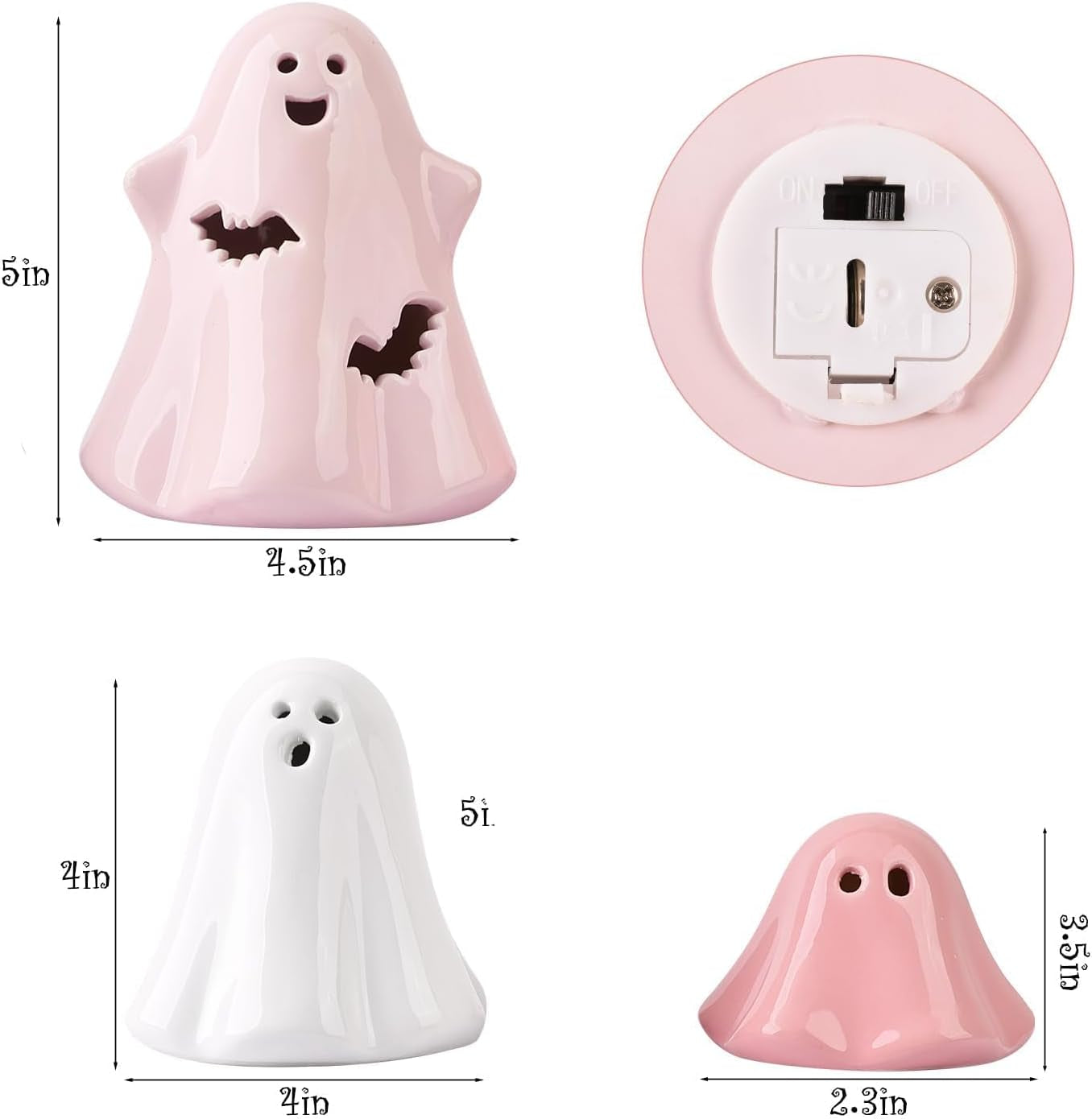 Halloween Ghost Decorations Indoor: Set of 3 Light up Ceramic White Pink Halloween Ghost Decor, Cute Pastel Decor Figurines with LED Lights for Table Desk Mantel Office Girl Kids Home Party