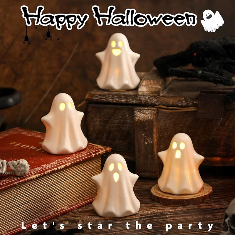 LED Ceramic Ghost Glowing Decoration Cute Ghost Halloween Decoration Small White Ghost Statue Ghost Statue Desktop Decoration