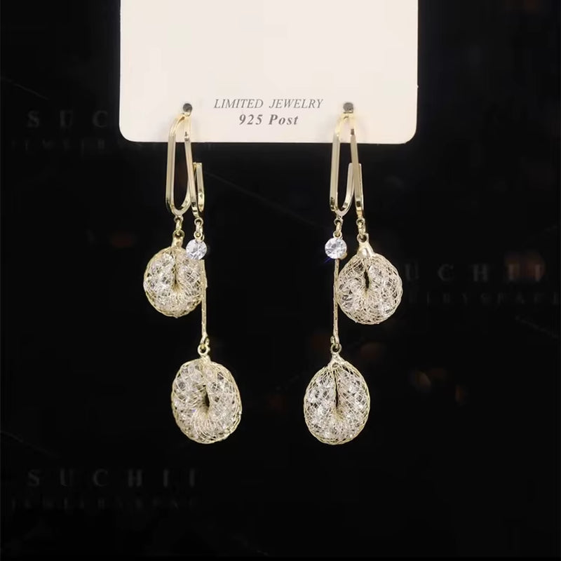 S925 Silver Needle Douyin with Hollow Water Drop Long Tassel Earrings Female Light Luxury Temperament All Fashion Accessories