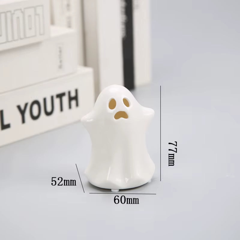 LED Ceramic Ghost Glowing Decoration Cute Ghost Halloween Decoration Small White Ghost Statue Ghost Statue Desktop Decoration