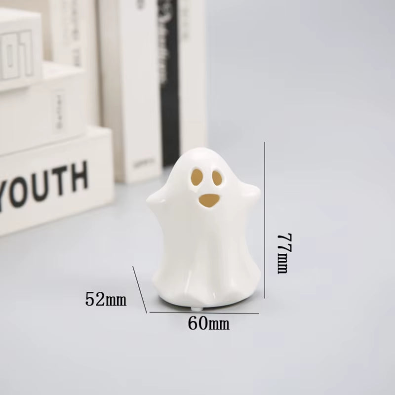LED Ceramic Ghost Glowing Decoration Cute Ghost Halloween Decoration Small White Ghost Statue Ghost Statue Desktop Decoration