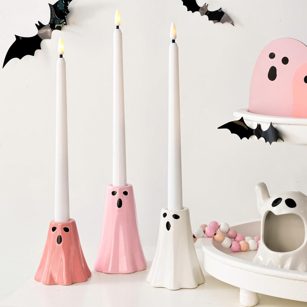 Halloween Ceramic Ghost Decor: Cute Pink Ghost Figurine Lamps Taper Candle Holder Sticks Halloween Table Decor, Pastel Decorations Indoor for Desk Office Mantel Home Fireplace Farmhouse Party Gifts