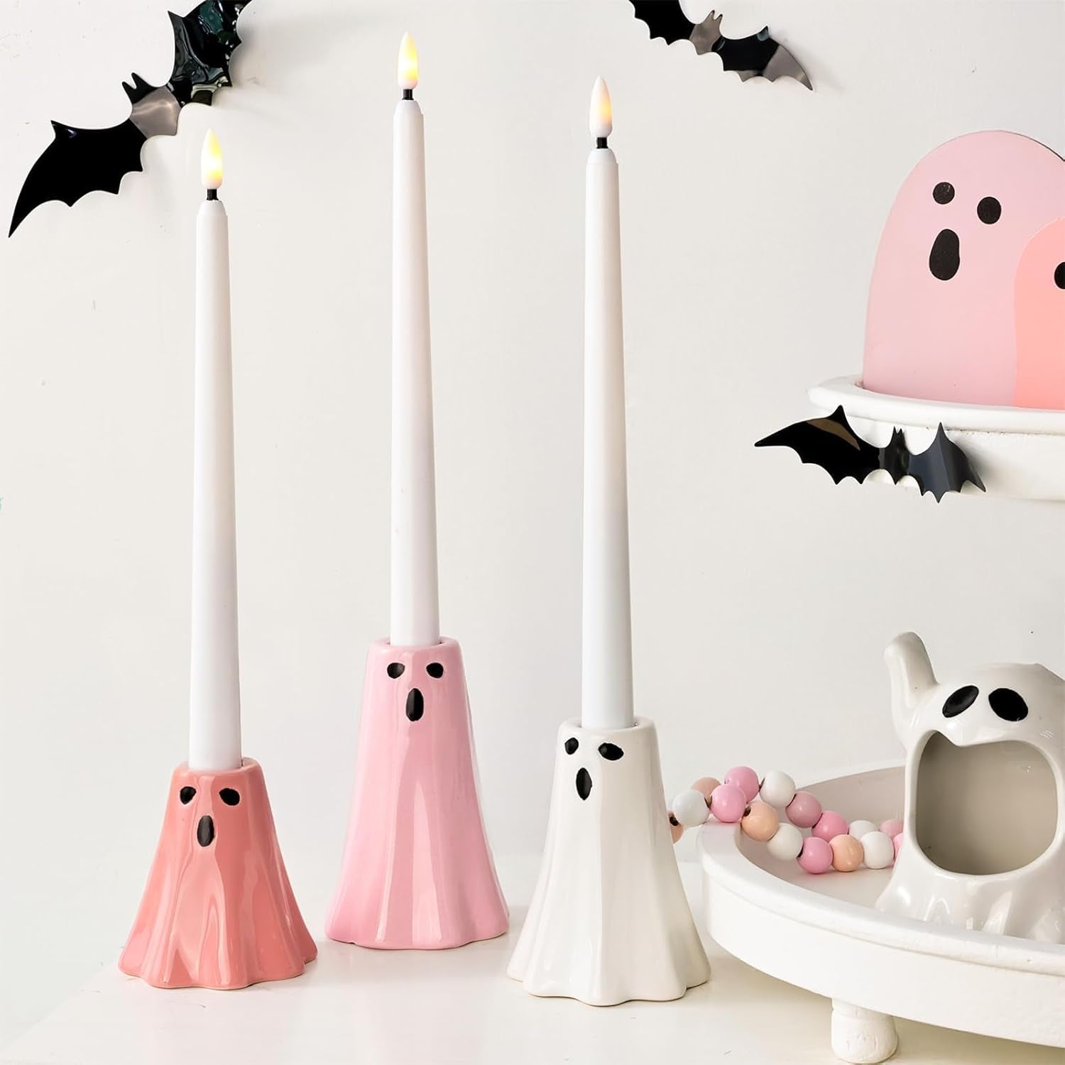 Halloween Ceramic Ghost Decor: Cute Pink Ghost Figurine Lamps Taper Candle Holder Sticks Halloween Table Decor, Pastel Decorations Indoor for Desk Office Mantel Home Fireplace Farmhouse Party Gifts