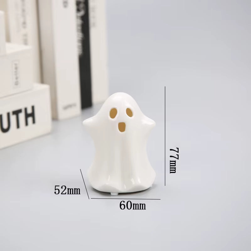 LED Ceramic Ghost Glowing Decoration Cute Ghost Halloween Decoration Small White Ghost Statue Ghost Statue Desktop Decoration