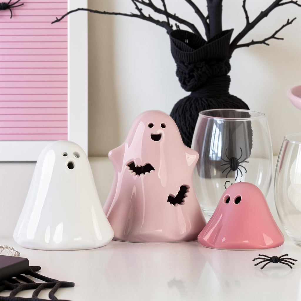 Halloween Ghost Decorations Indoor: Set of 3 Light up Ceramic White Pink Halloween Ghost Decor, Cute Pastel Decor Figurines with LED Lights for Table Desk Mantel Office Girl Kids Home Party