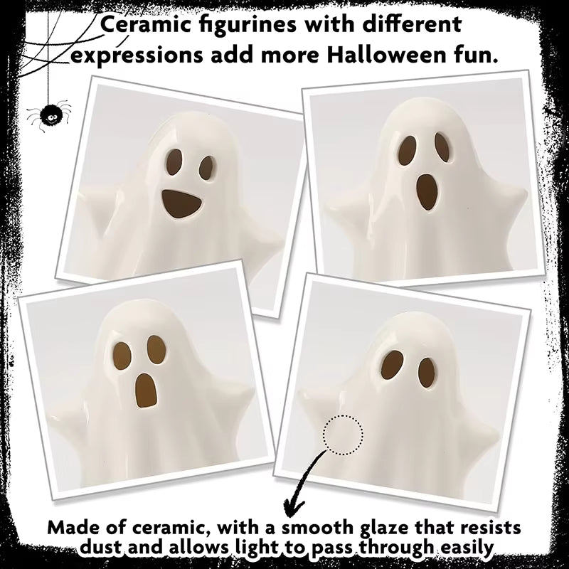 LED Ceramic Ghost Glowing Decoration Cute Ghost Halloween Decoration Small White Ghost Statue Ghost Statue Desktop Decoration