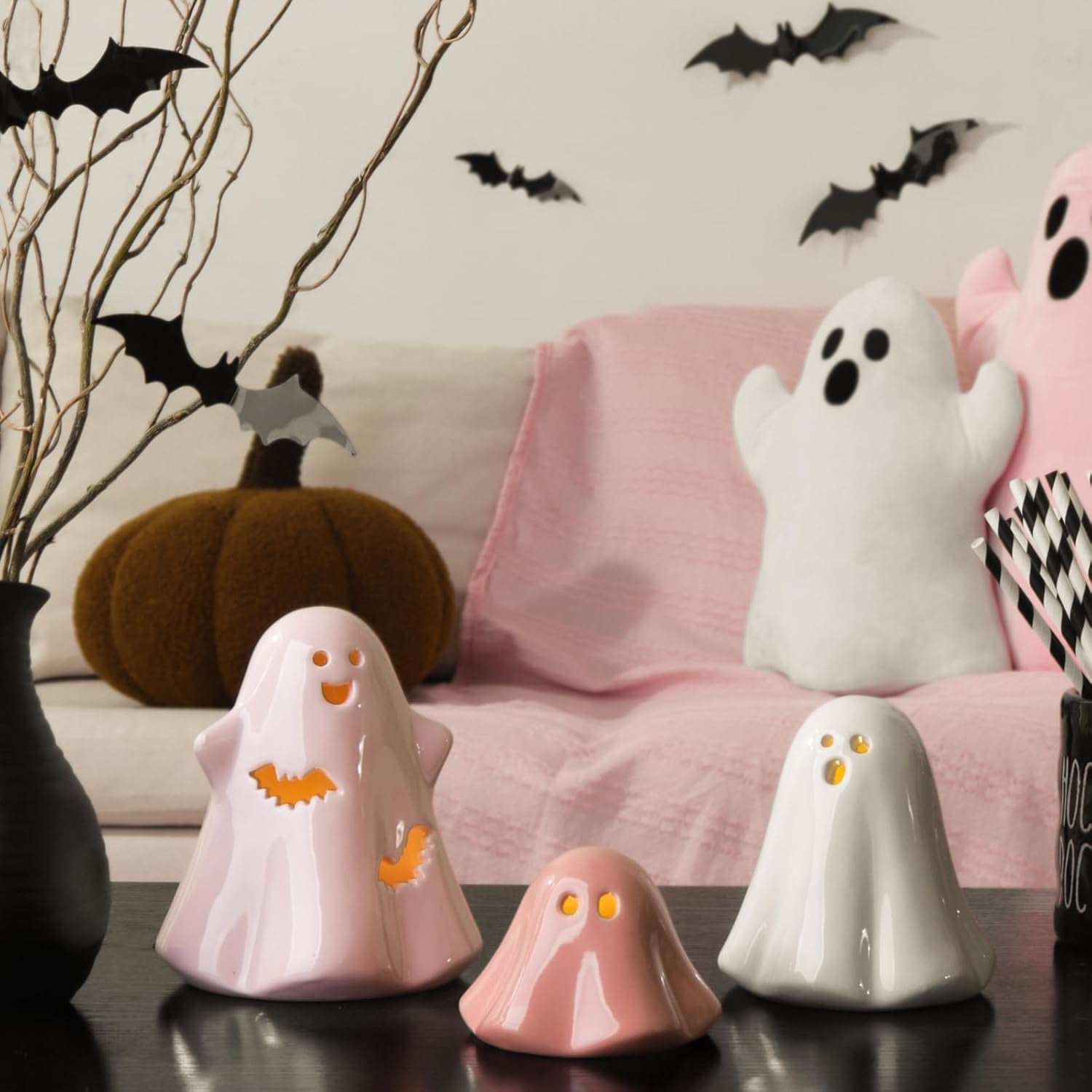 Halloween Ghost Decorations Indoor: Set of 3 Light up Ceramic White Pink Halloween Ghost Decor, Cute Pastel Decor Figurines with LED Lights for Table Desk Mantel Office Girl Kids Home Party
