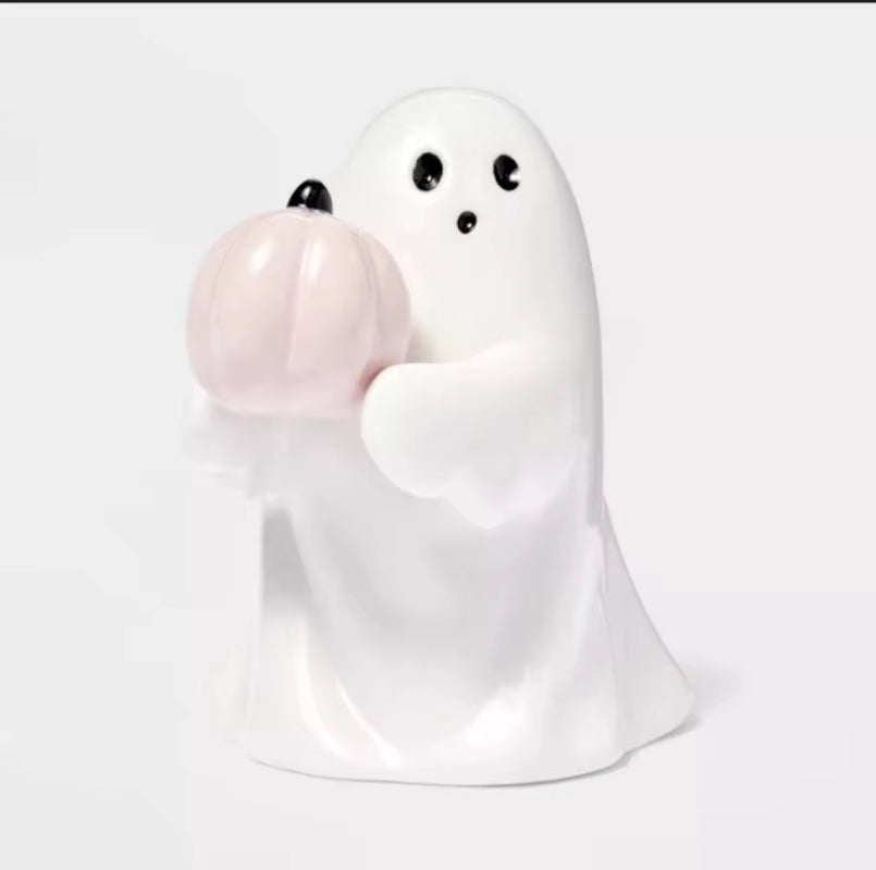 Halloween Cute Ceramic Ghost Holding Pink Pumpkin Bat Resin Statue Halloween Decoration Doll Home Party Festival Originality