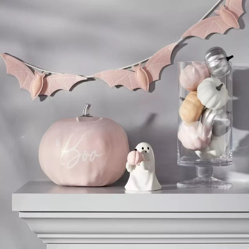 Halloween Cute Ceramic Ghost Holding Pink Pumpkin Bat Resin Statue Halloween Decoration Doll Home Party Festival Originality