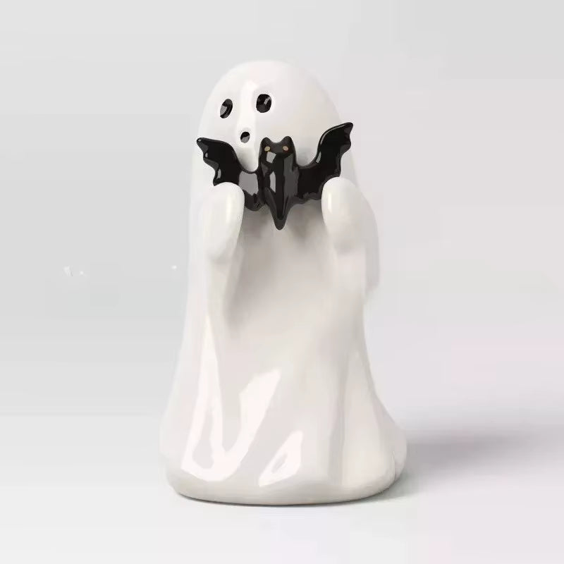 Halloween Cute Ceramic Ghost Holding Pink Pumpkin Bat Resin Statue Halloween Decoration Doll Home Party Festival Originality