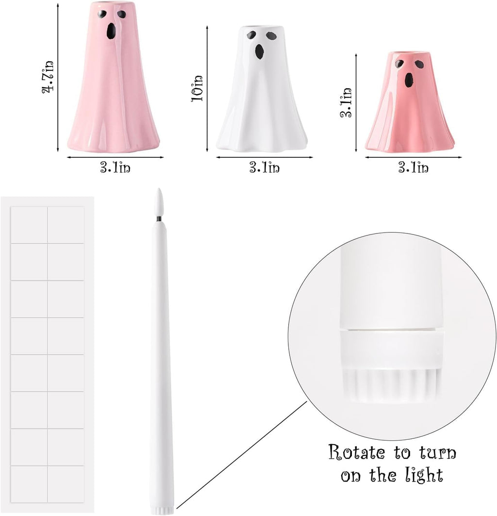 Halloween Ceramic Ghost Decor: Cute Pink Ghost Figurine Lamps Taper Candle Holder Sticks Halloween Table Decor, Pastel Decorations Indoor for Desk Office Mantel Home Fireplace Farmhouse Party Gifts