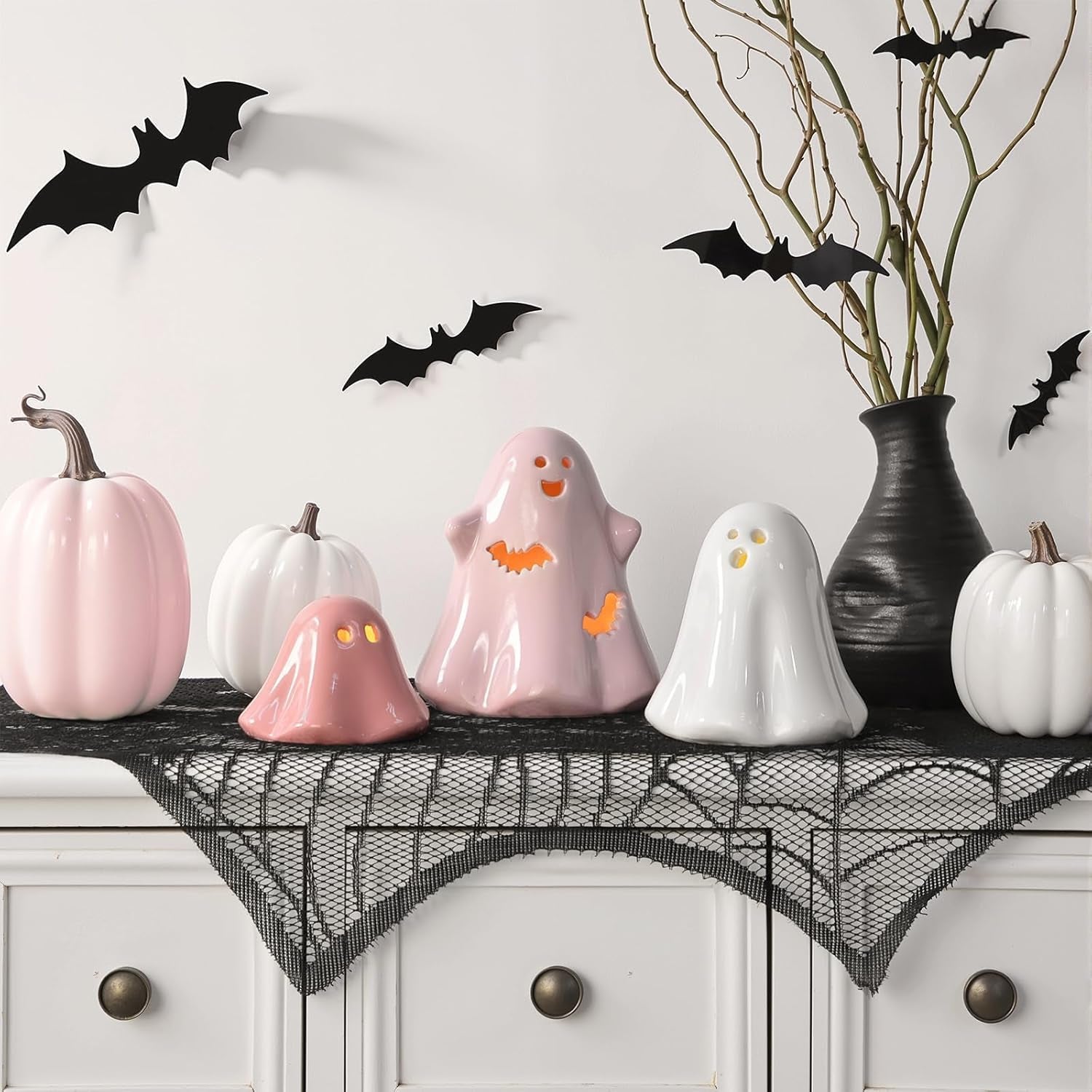 Halloween Ghost Decorations Indoor: Set of 3 Light up Ceramic White Pink Halloween Ghost Decor, Cute Pastel Decor Figurines with LED Lights for Table Desk Mantel Office Girl Kids Home Party