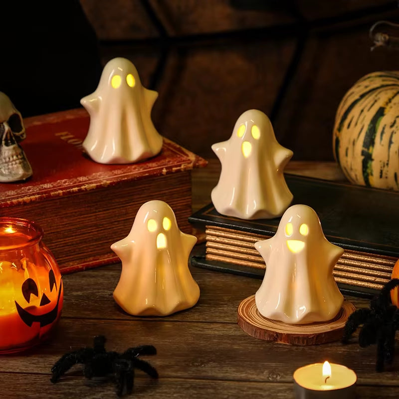 LED Ceramic Ghost Glowing Decoration Cute Ghost Halloween Decoration Small White Ghost Statue Ghost Statue Desktop Decoration