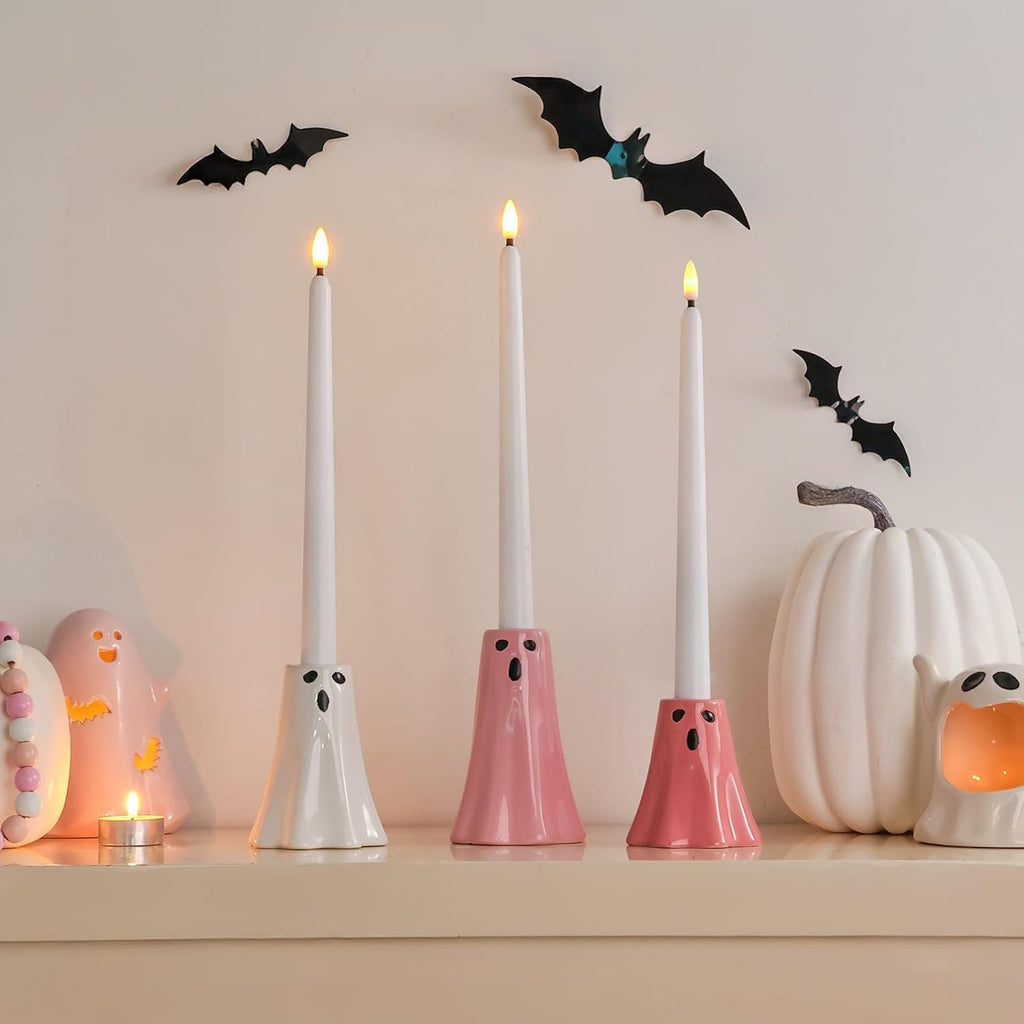 Halloween Ceramic Ghost Decor: Cute Pink Ghost Figurine Lamps Taper Candle Holder Sticks Halloween Table Decor, Pastel Decorations Indoor for Desk Office Mantel Home Fireplace Farmhouse Party Gifts