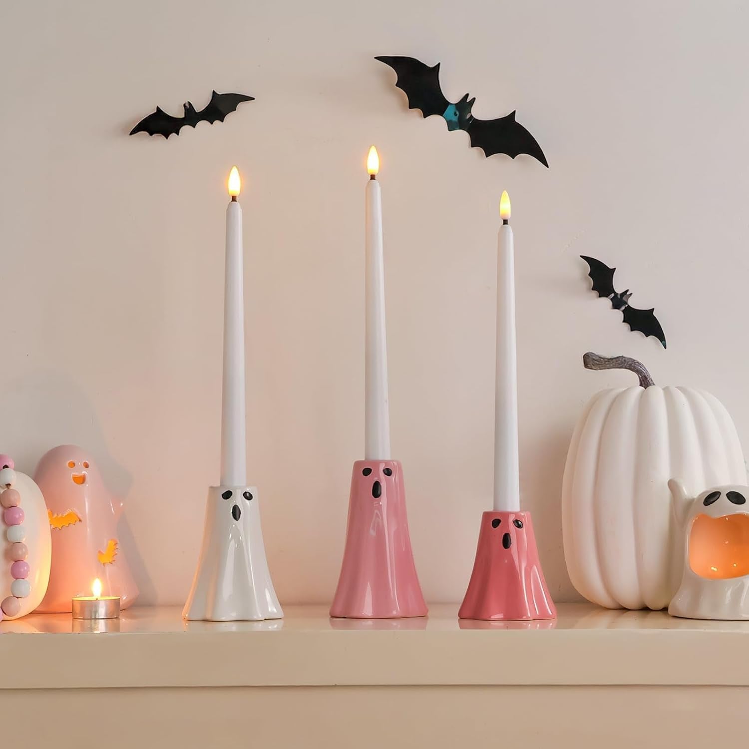 Halloween Ceramic Ghost Decor: Cute Pink Ghost Figurine Lamps Taper Candle Holder Sticks Halloween Table Decor, Pastel Decorations Indoor for Desk Office Mantel Home Fireplace Farmhouse Party Gifts