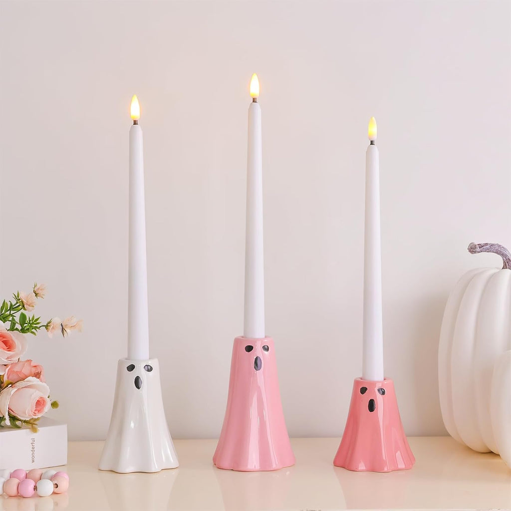 Halloween Ceramic Ghost Decor: Cute Pink Ghost Figurine Lamps Taper Candle Holder Sticks Halloween Table Decor, Pastel Decorations Indoor for Desk Office Mantel Home Fireplace Farmhouse Party Gifts