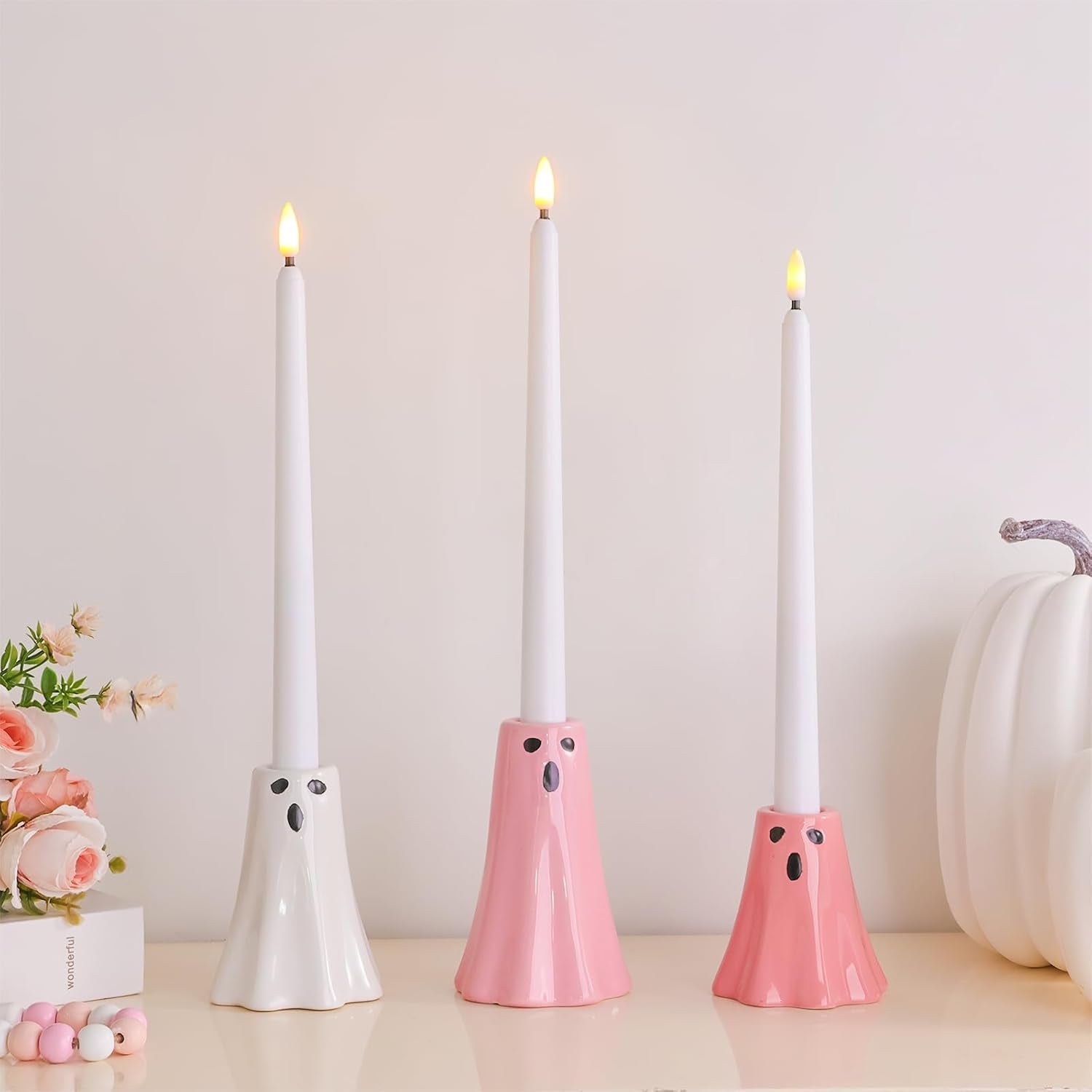 Halloween Ceramic Ghost Decor: Cute Pink Ghost Figurine Lamps Taper Candle Holder Sticks Halloween Table Decor, Pastel Decorations Indoor for Desk Office Mantel Home Fireplace Farmhouse Party Gifts