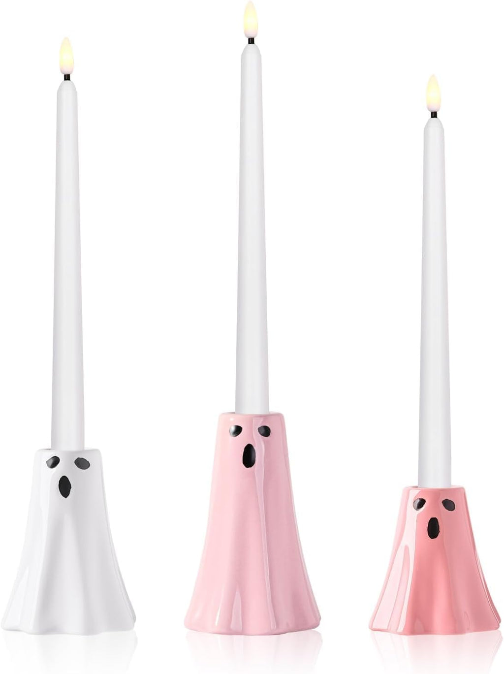 Halloween Ceramic Ghost Decor: Cute Pink Ghost Figurine Lamps Taper Candle Holder Sticks Halloween Table Decor, Pastel Decorations Indoor for Desk Office Mantel Home Fireplace Farmhouse Party Gifts