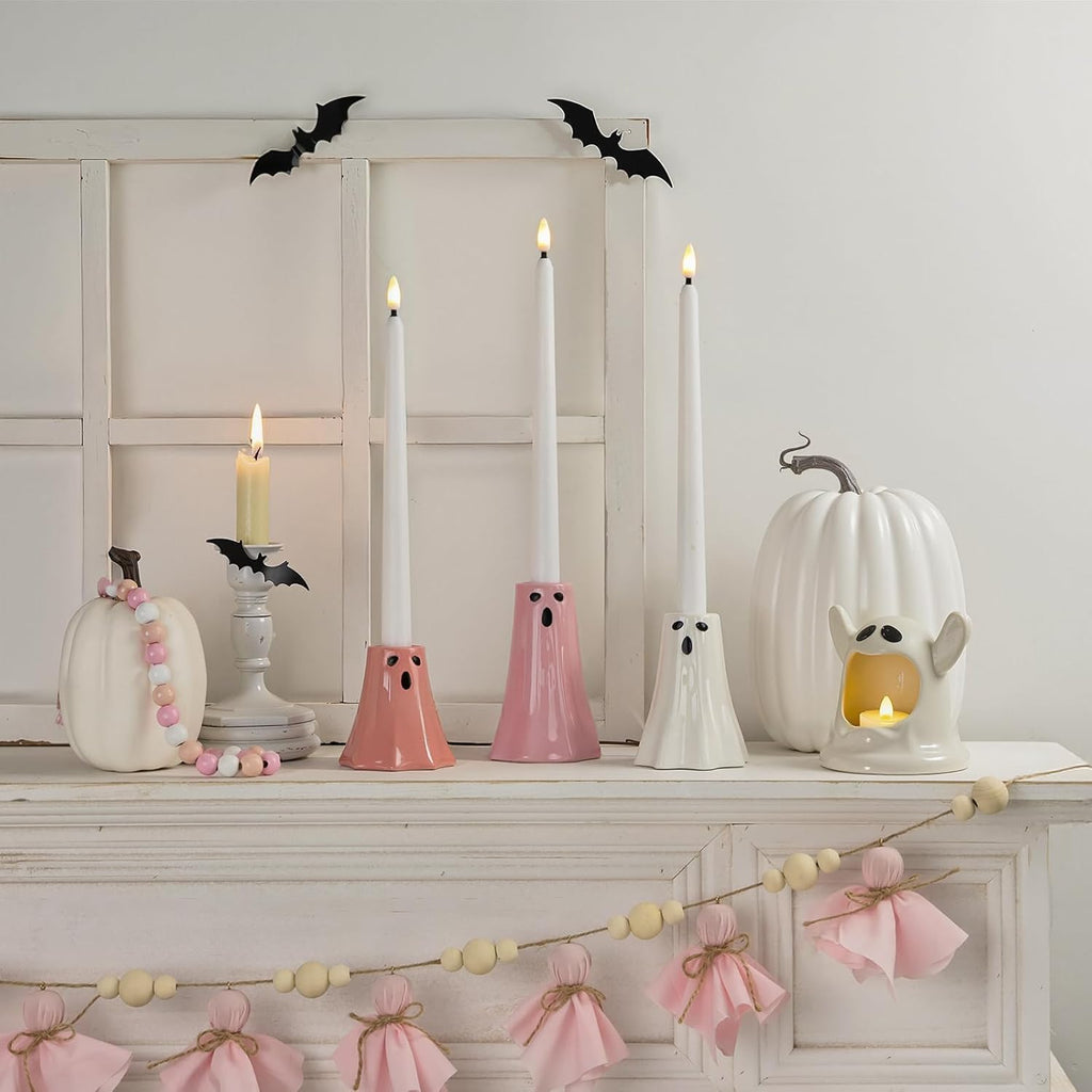 Halloween Ceramic Ghost Decor: Cute Pink Ghost Figurine Lamps Taper Candle Holder Sticks Halloween Table Decor, Pastel Decorations Indoor for Desk Office Mantel Home Fireplace Farmhouse Party Gifts