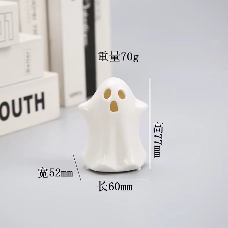 LED Ceramic Ghost Glowing Decoration Cute Ghost Halloween Decoration Small White Ghost Statue Ghost Statue Desktop Decoration