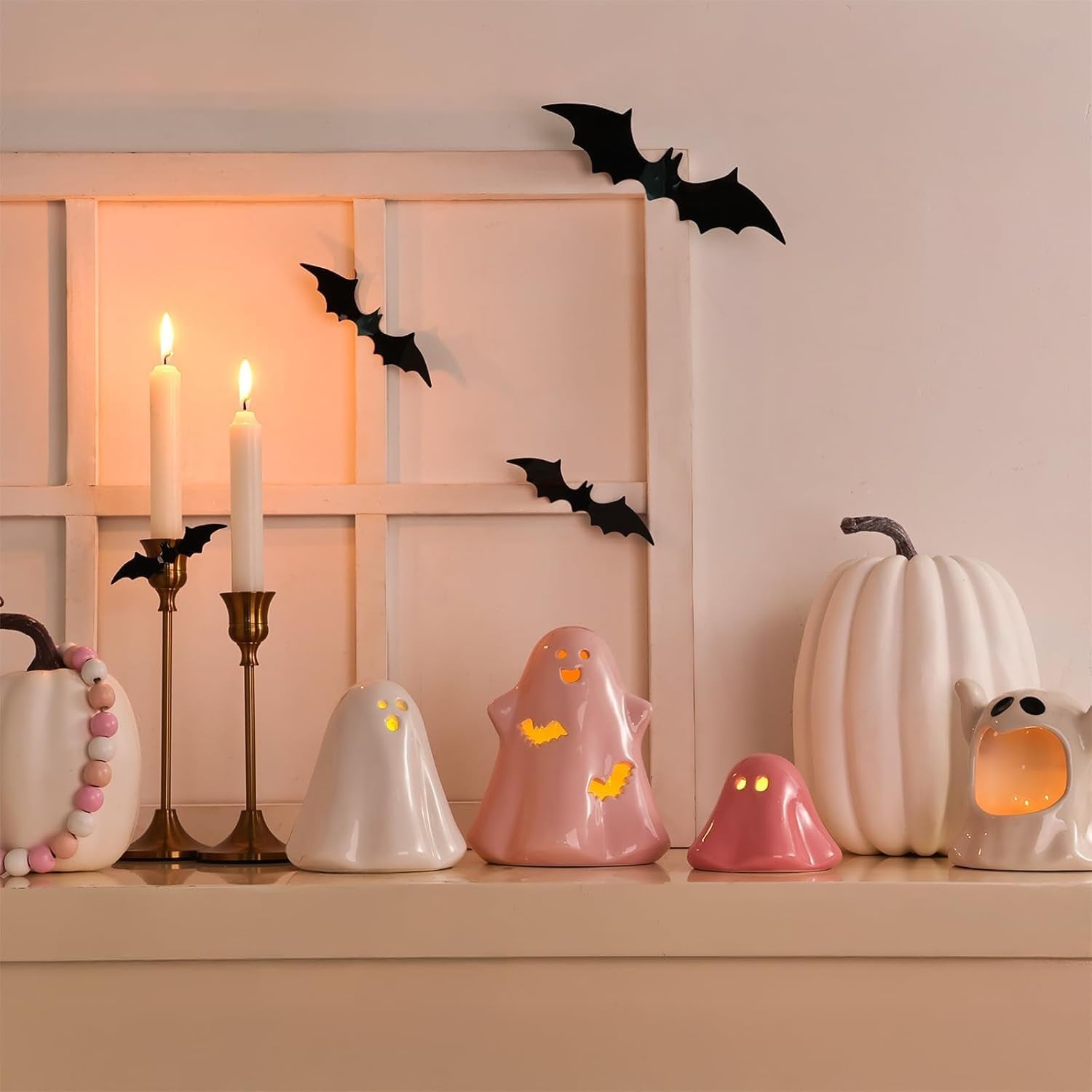Halloween Ghost Decorations Indoor: Set of 3 Light up Ceramic White Pink Halloween Ghost Decor, Cute Pastel Decor Figurines with LED Lights for Table Desk Mantel Office Girl Kids Home Party